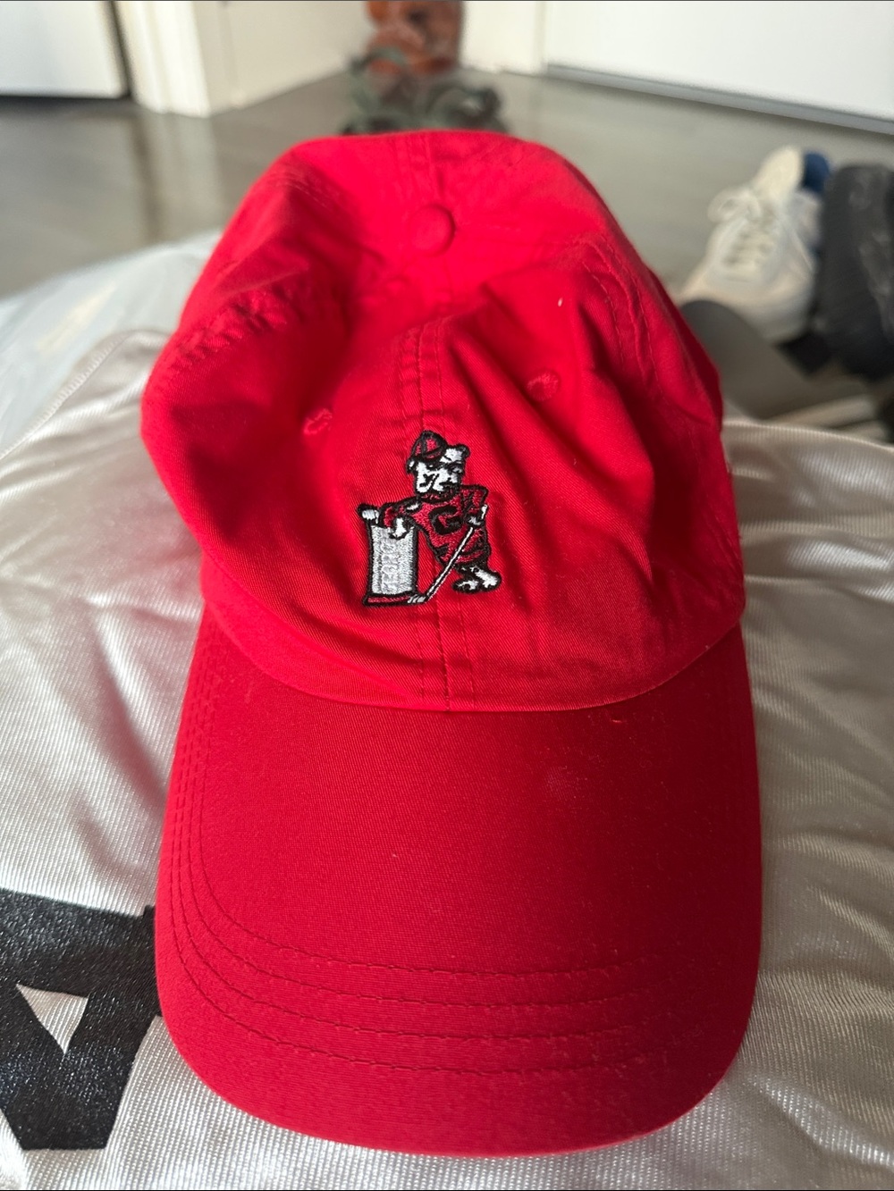 UGA Golf Red Baseball Cap with Embroidered Mascot STAFF on so